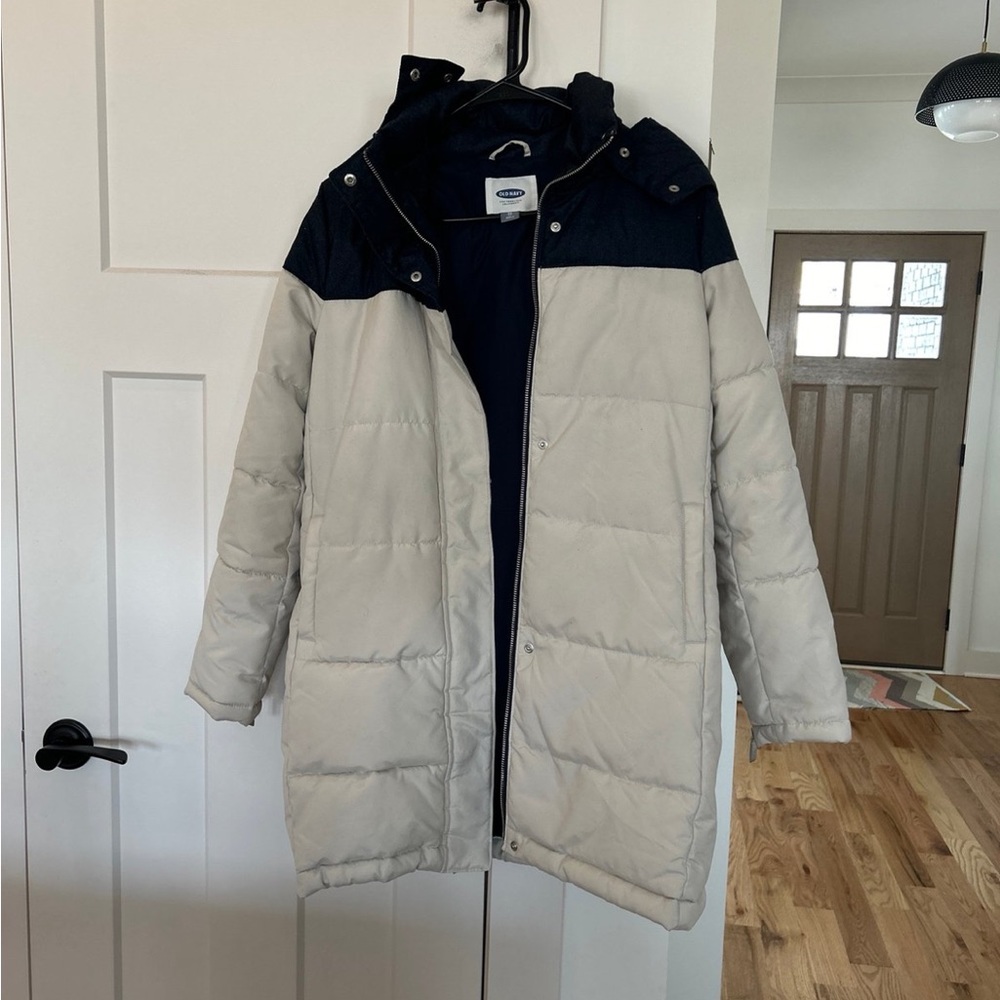 Women’s long color block puffer jacket